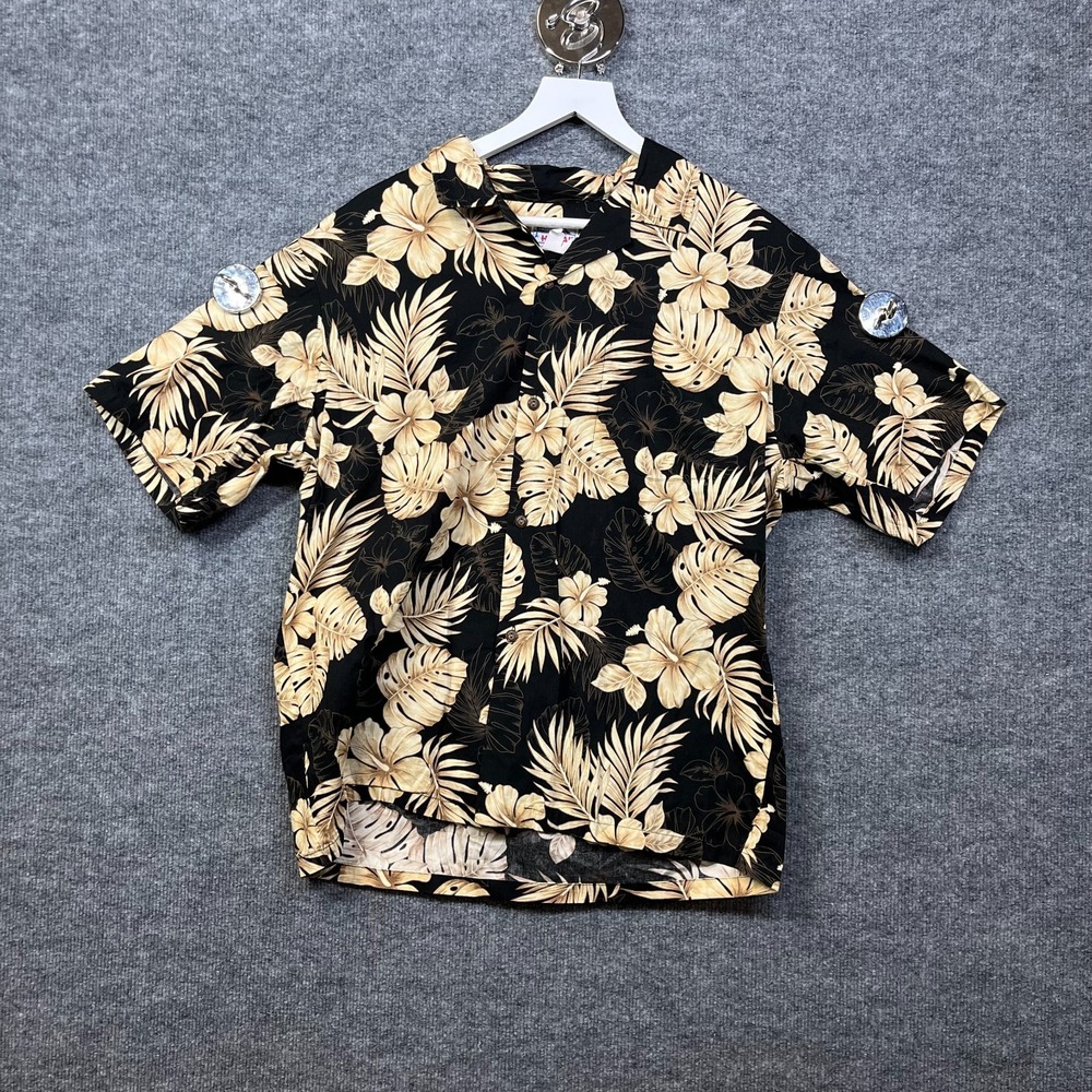 Hawaii Aloha Shirt Mens L Black Beige Floral Good Vintage Short Sleeve Button Up